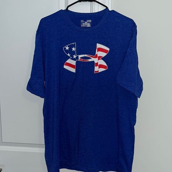 Under Armour USA Patriotic Flag Logo T Shirt Men’s XL Blue Poly/Cotton Heatgear - Picture 1 of 4